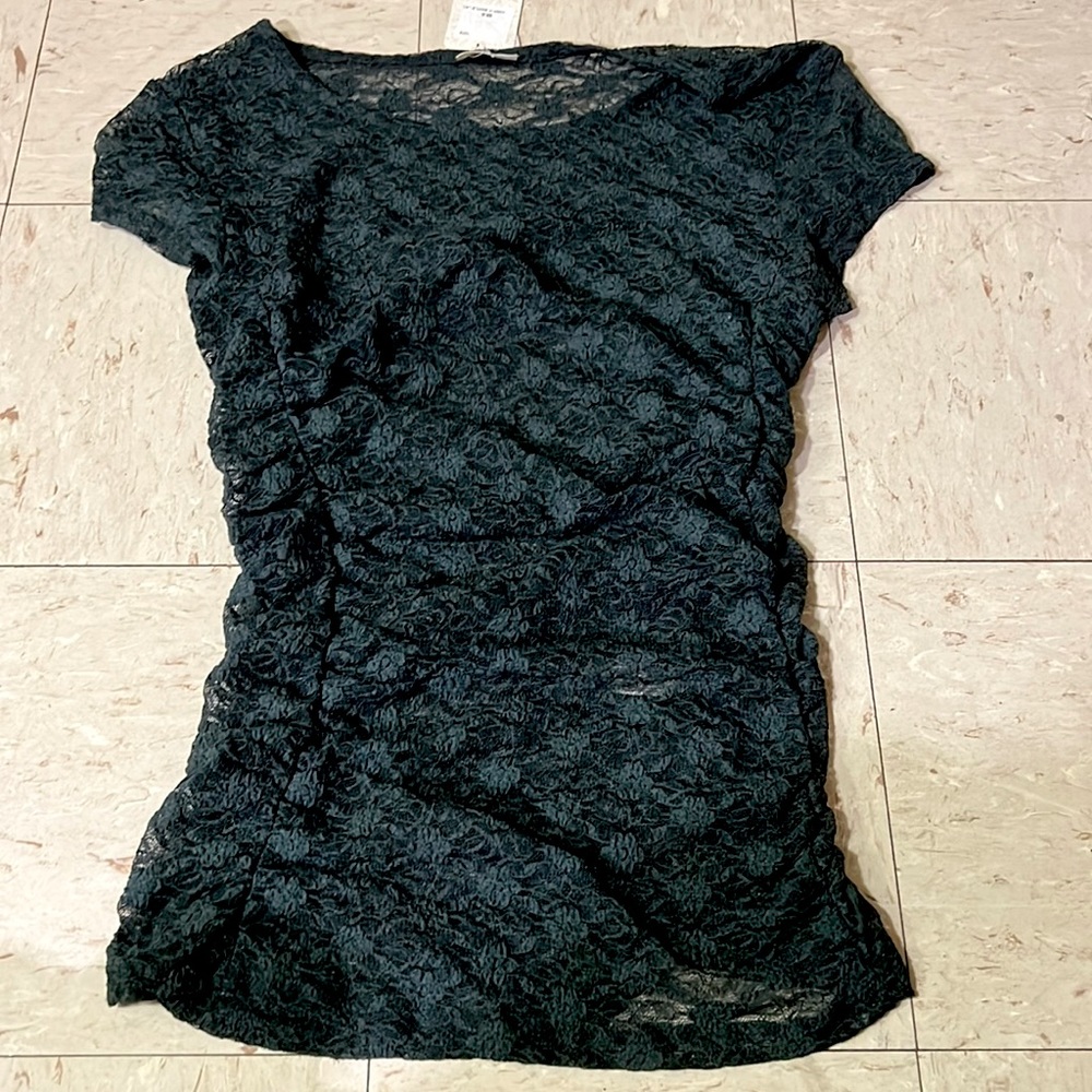 Dark blueish- green, runched, lace shirt